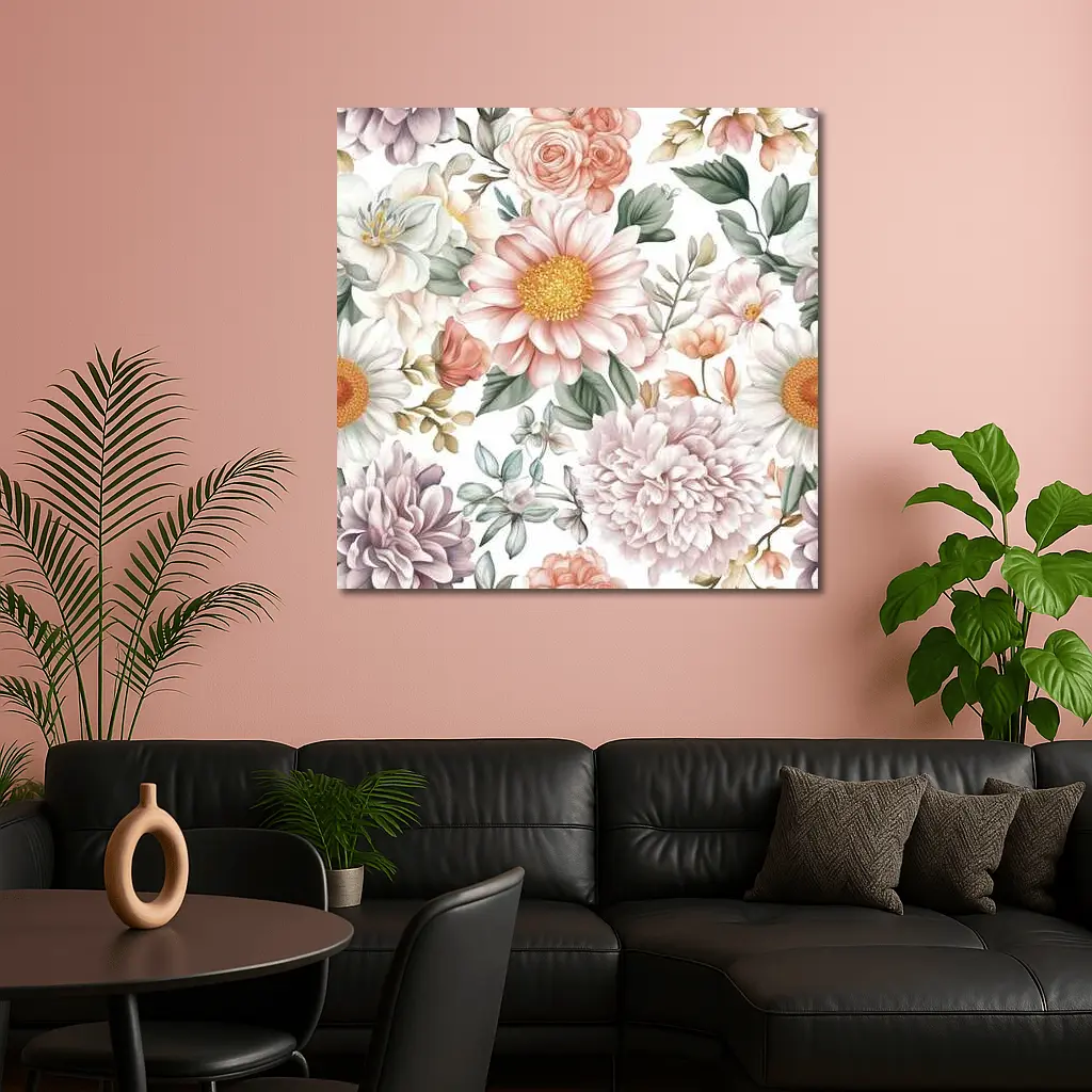 Watercolor Peonies Roses Daisies Floral Pattern – Wall Art