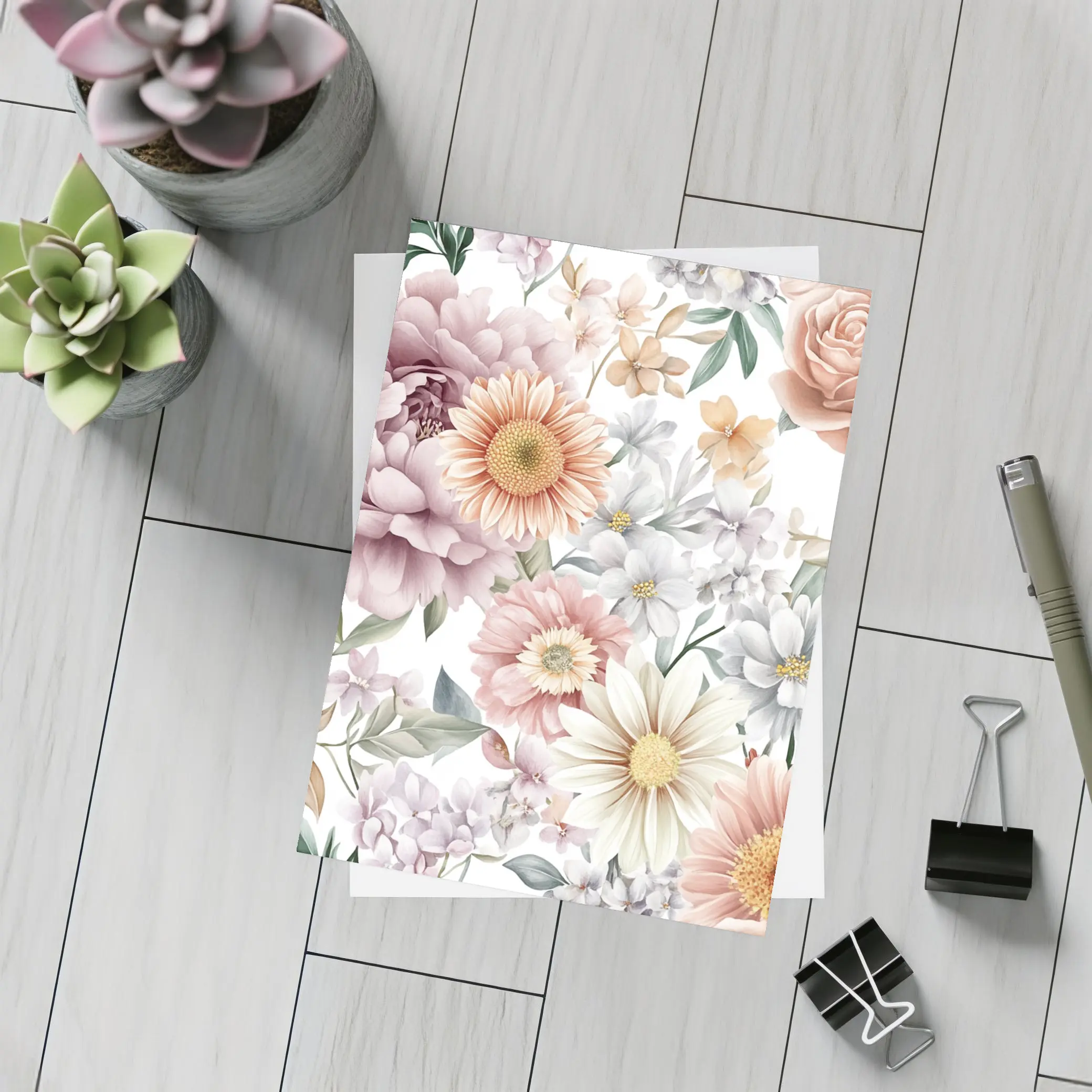 Watercolor Peonies Roses Daisies Floral Pattern – Postcards