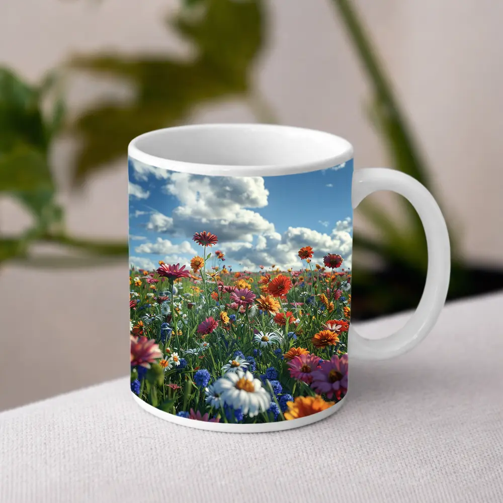 Wildflower Meadow Under Bright Blue Sky – Mugs