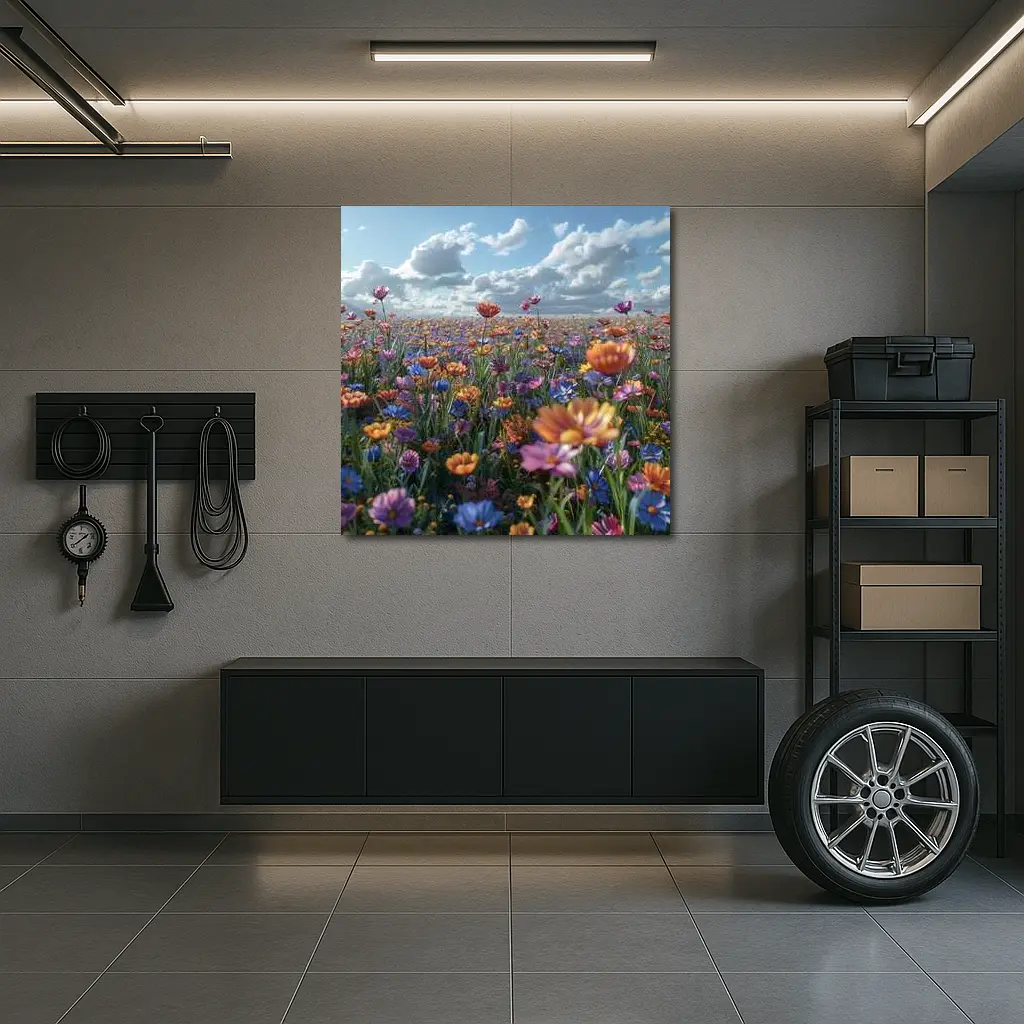 Colorful Wildflower Field Cloudy Blue Sky – Wall Art