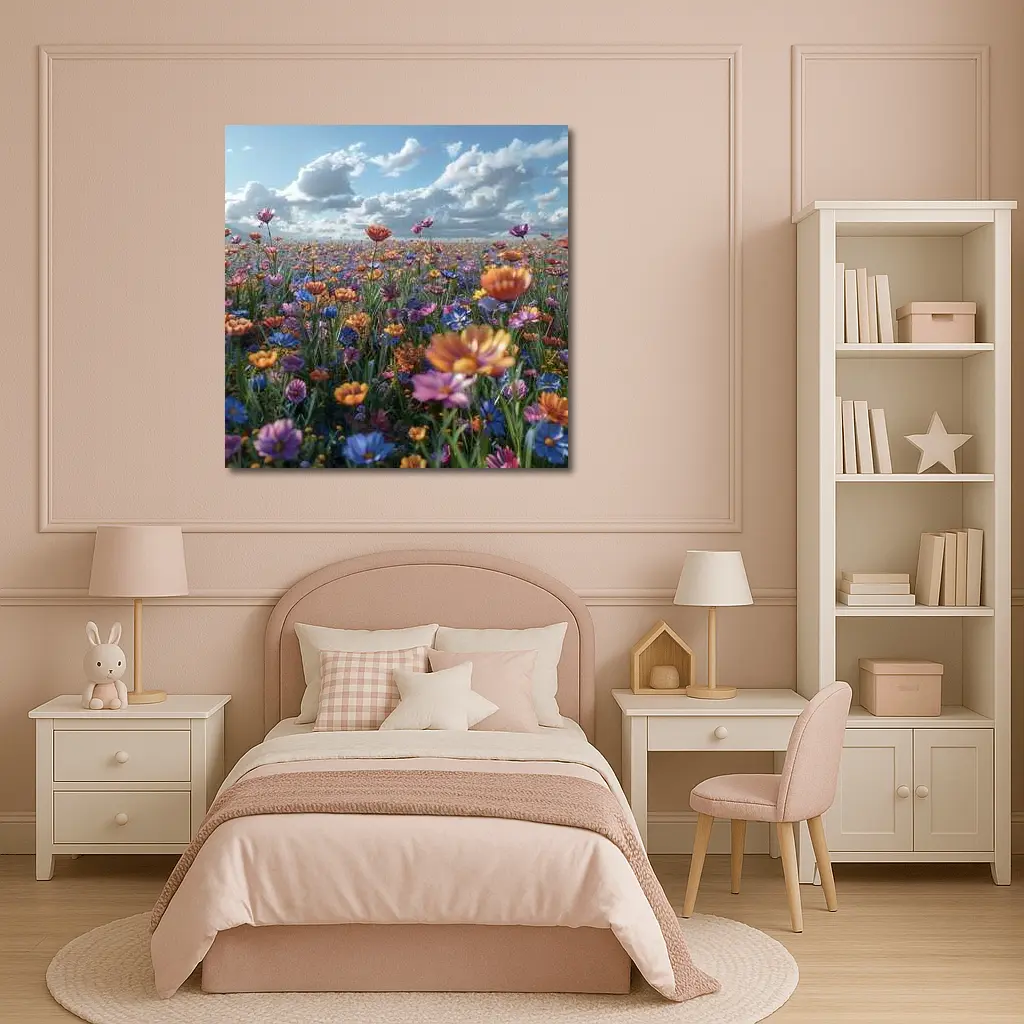 Colorful Wildflower Field Cloudy Blue Sky – Wall Art