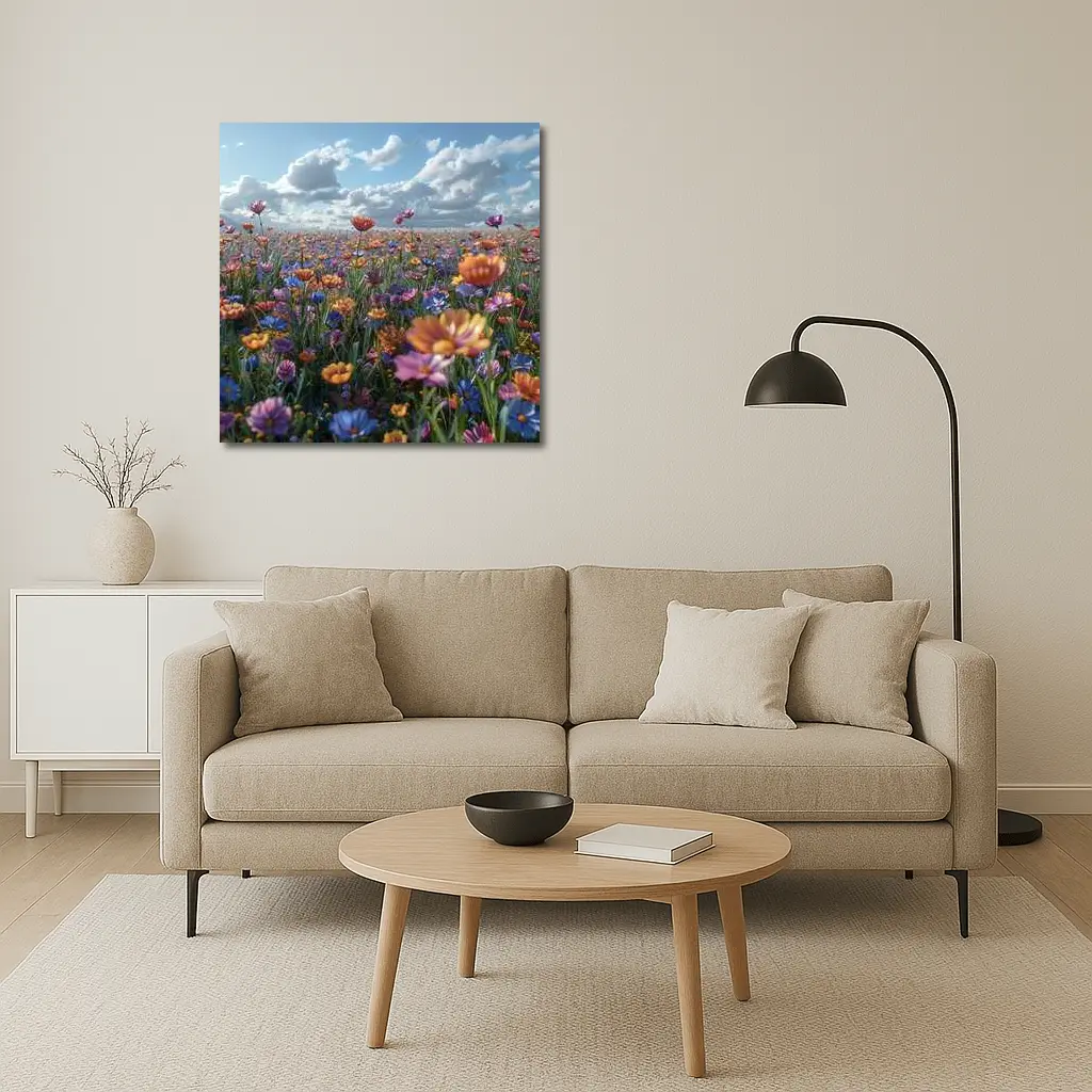 Colorful Wildflower Field Cloudy Blue Sky – Wall Art