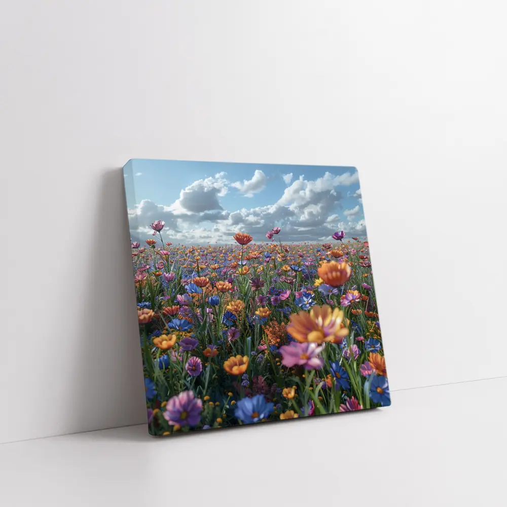 Colorful Wildflower Field Cloudy Blue Sky – Wall Art
