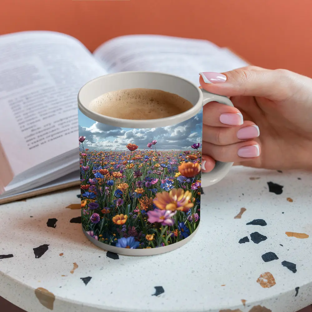 Colorful Wildflower Field Cloudy Blue Sky – Mugs