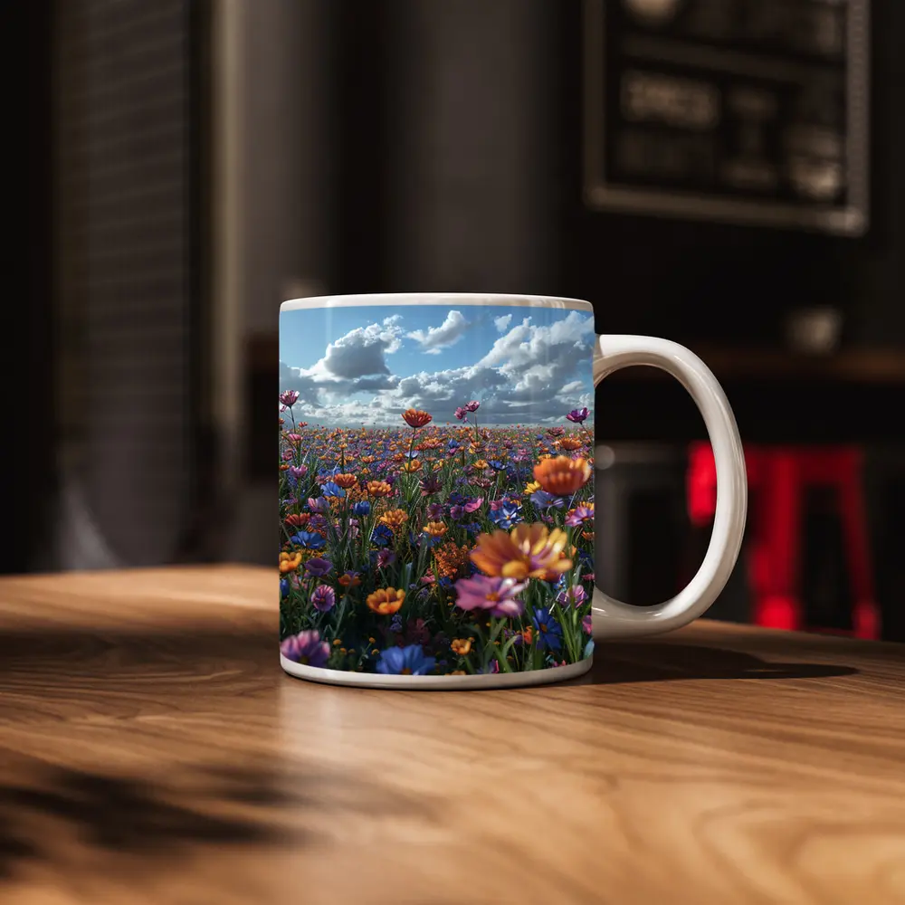 Colorful Wildflower Field Cloudy Blue Sky – Mugs