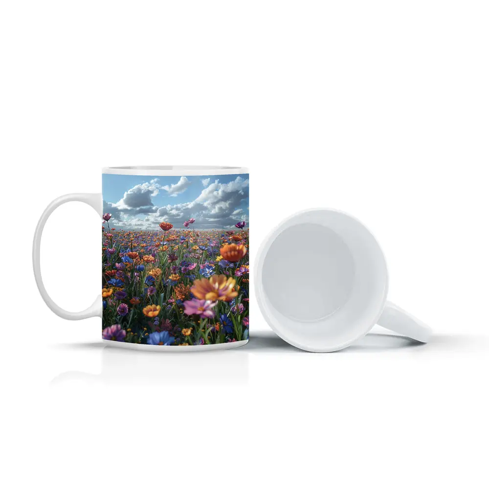 Colorful Wildflower Field Cloudy Blue Sky – Mugs
