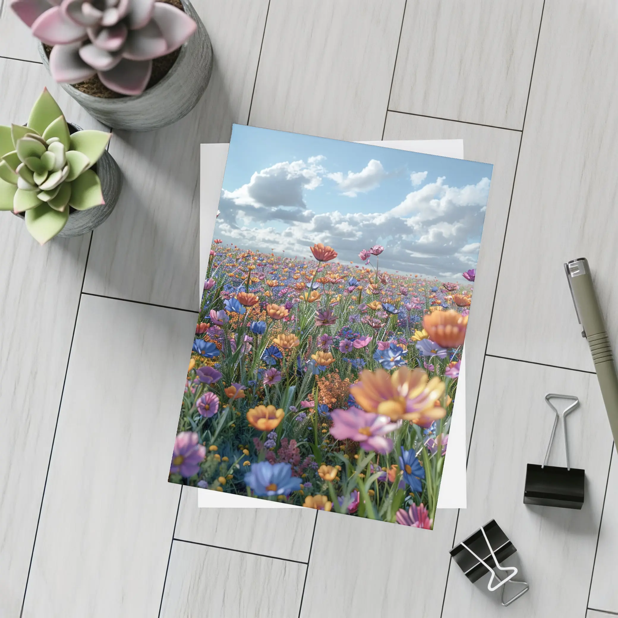 Colorful Wildflower Field Cloudy Blue Sky – Postcards