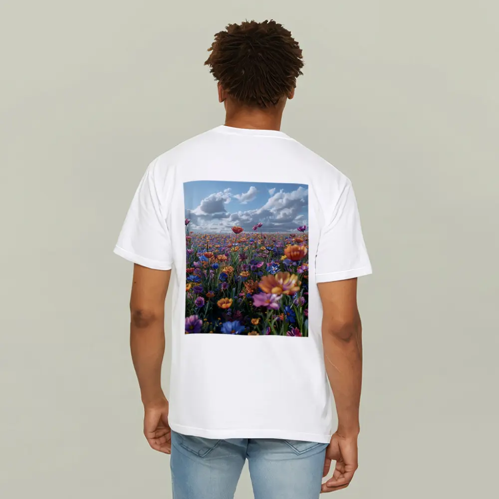 Colorful Wildflower Field Cloudy Blue Sky – T-Shirts