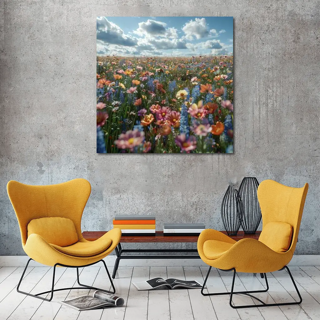 Colorful Wildflower Field Cloudy Sky – Wall Art