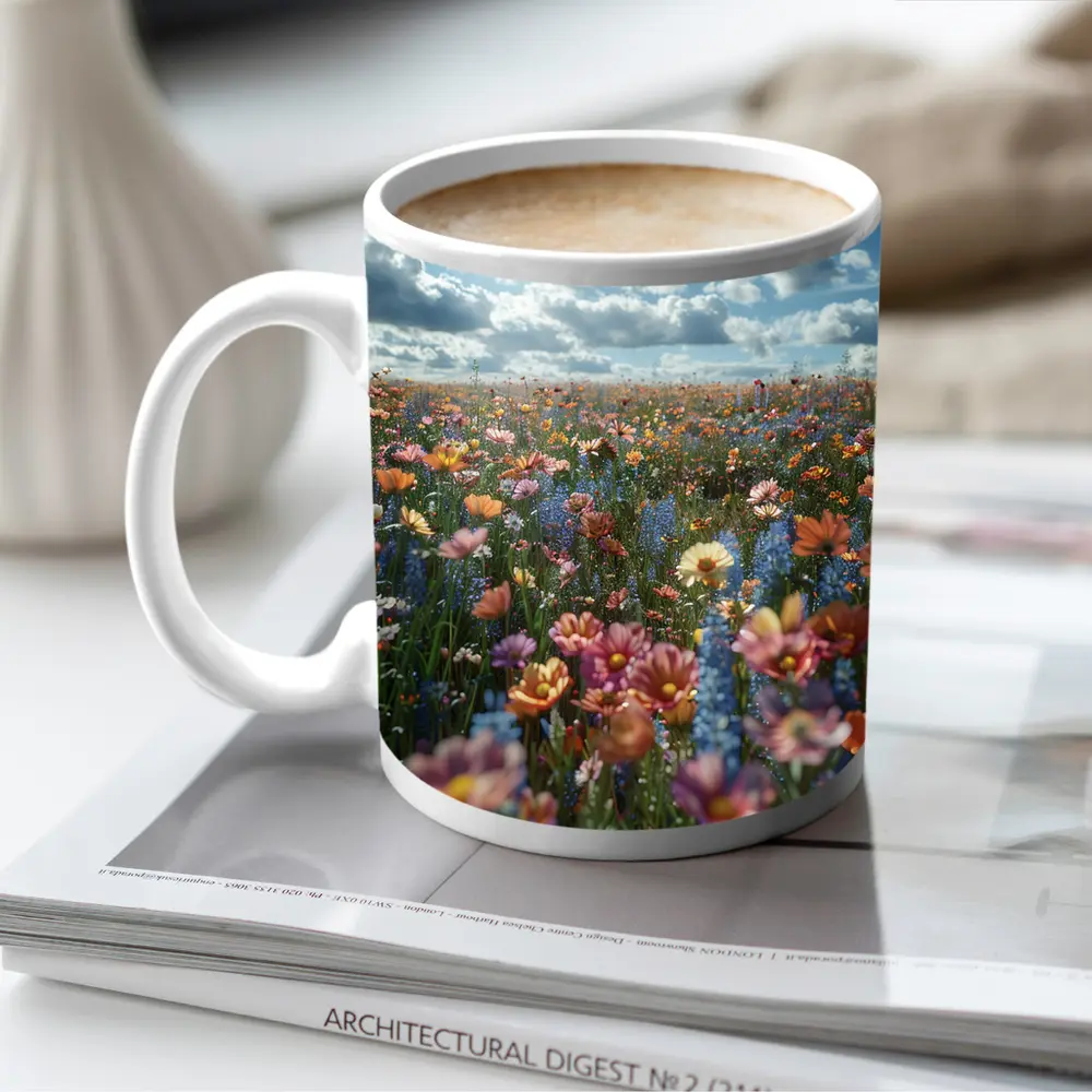 Colorful Wildflower Field Cloudy Sky – Mugs