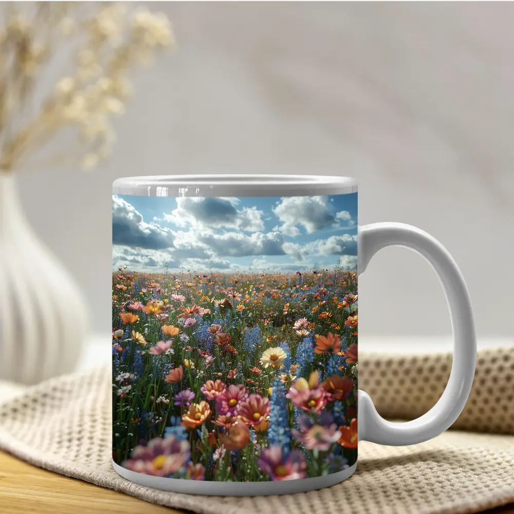 Colorful Wildflower Field Cloudy Sky – Mugs
