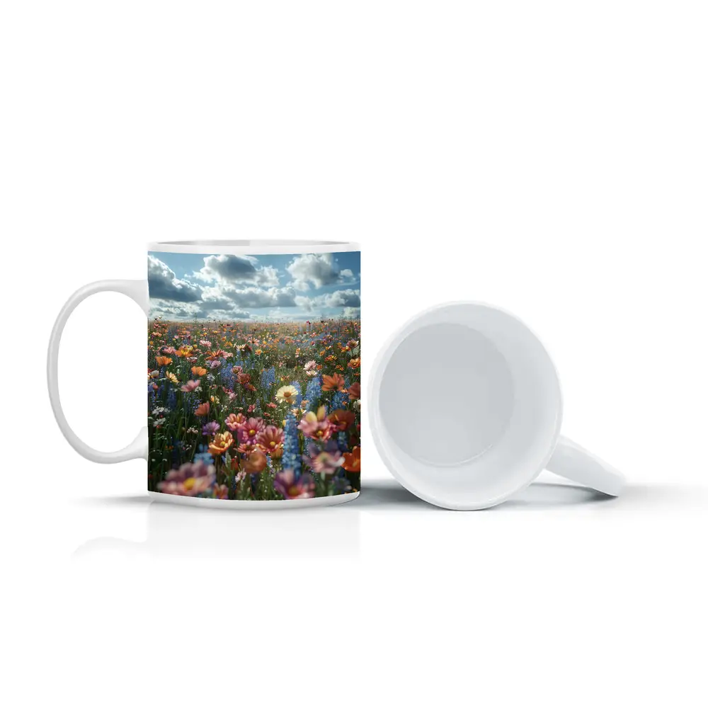 Colorful Wildflower Field Cloudy Sky – Mugs