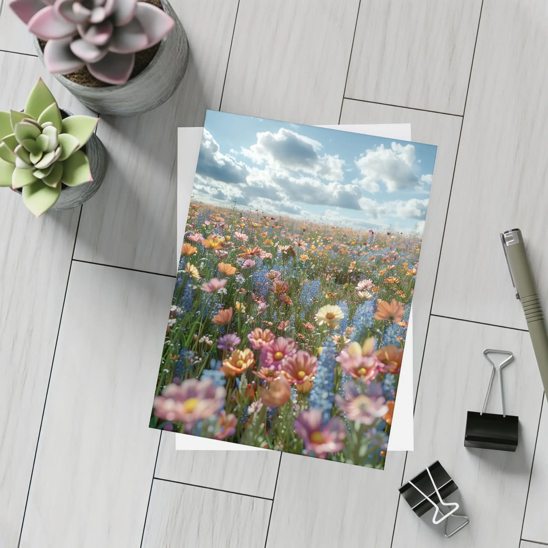 Colorful Wildflower Field Cloudy Sky – Postcards