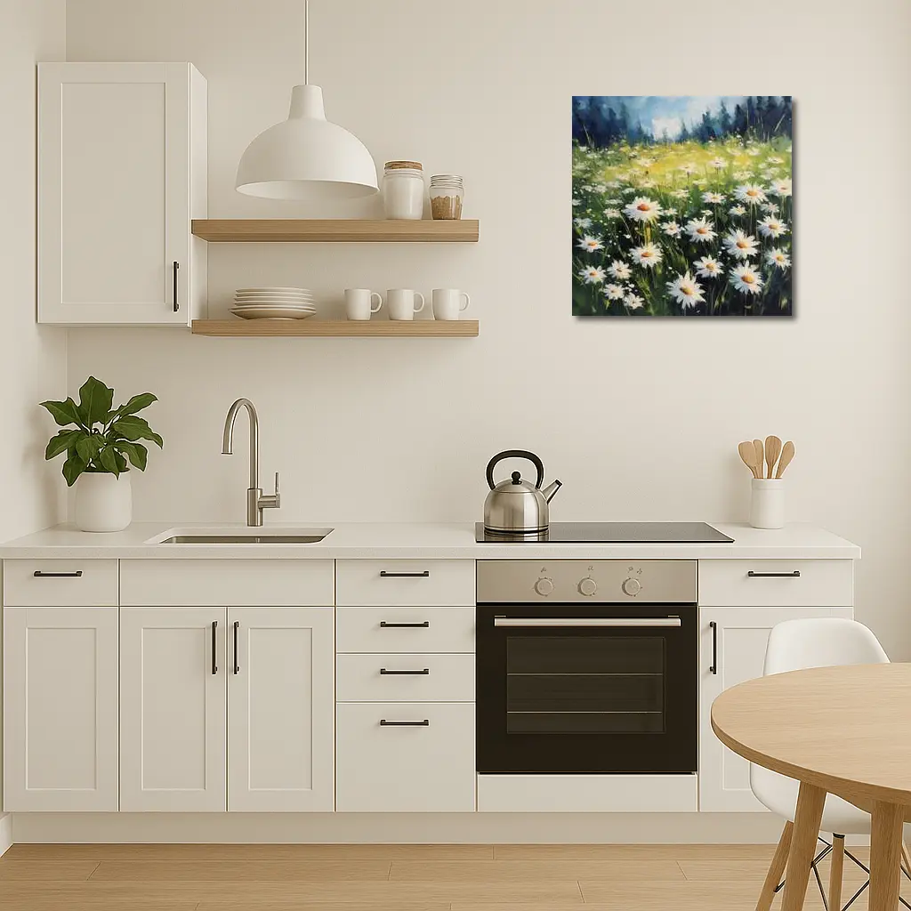Daisy Field Oil Painting Green Forest Background – Wall Art