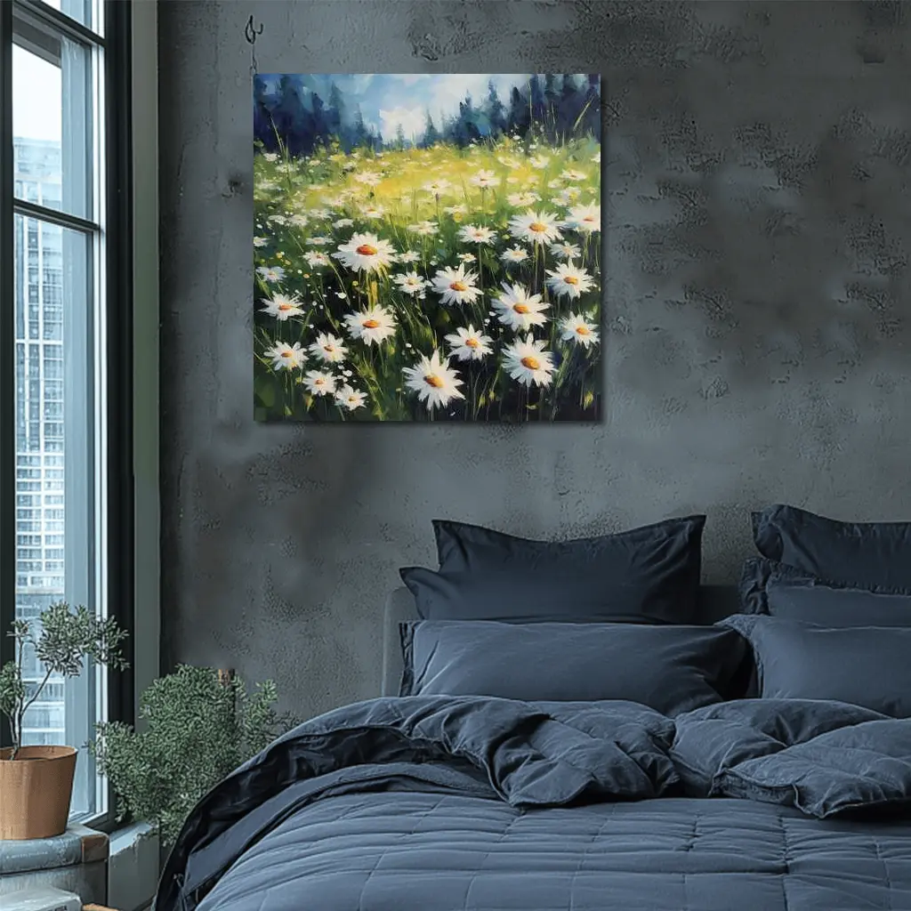 Daisy Field Oil Painting Green Forest Background – Wall Art