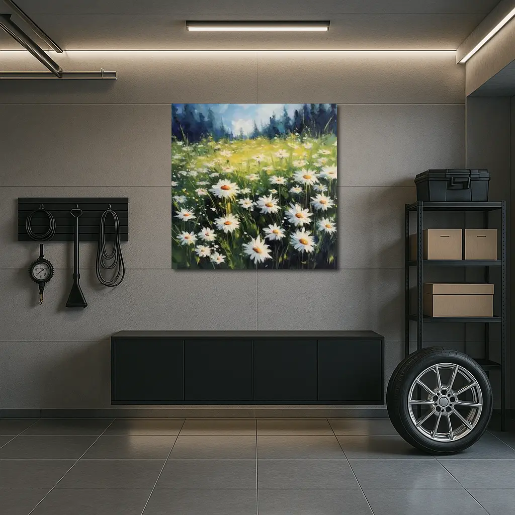 Daisy Field Oil Painting Green Forest Background – Wall Art
