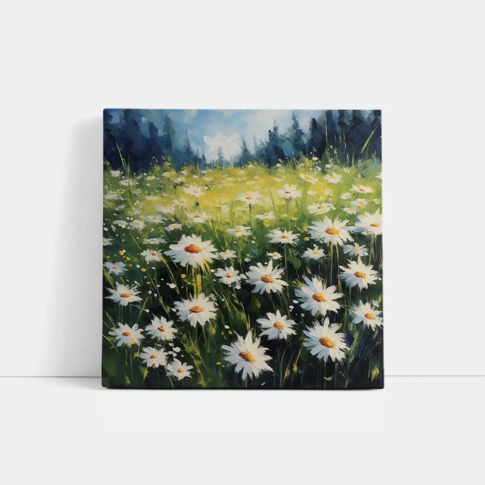 Daisy Field Oil Painting Green Forest Background – Wall Art