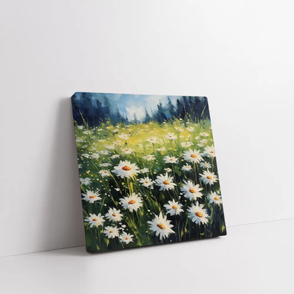 Daisy Field Oil Painting Green Forest Background – Wall Art