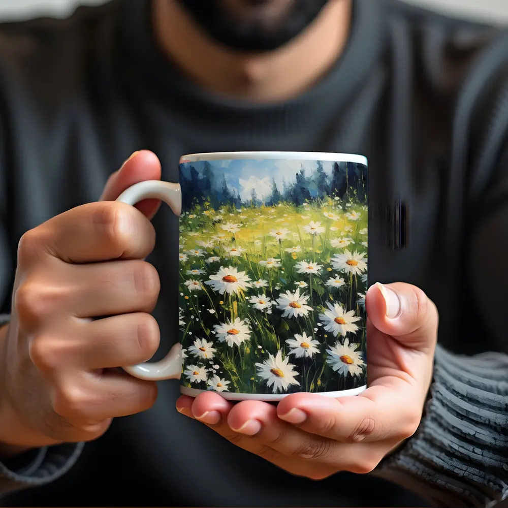 Daisy Field Oil Painting Green Forest Background – Mugs