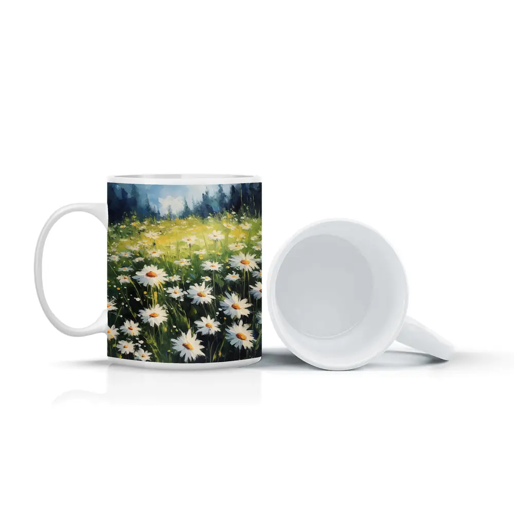 Daisy Field Oil Painting Green Forest Background – Mugs
