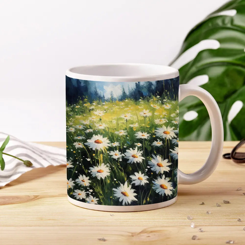 Daisy Field Oil Painting Green Forest Background – Mugs