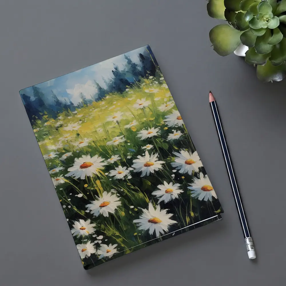 Daisy Field Oil Painting Green Forest Background – Notebooks