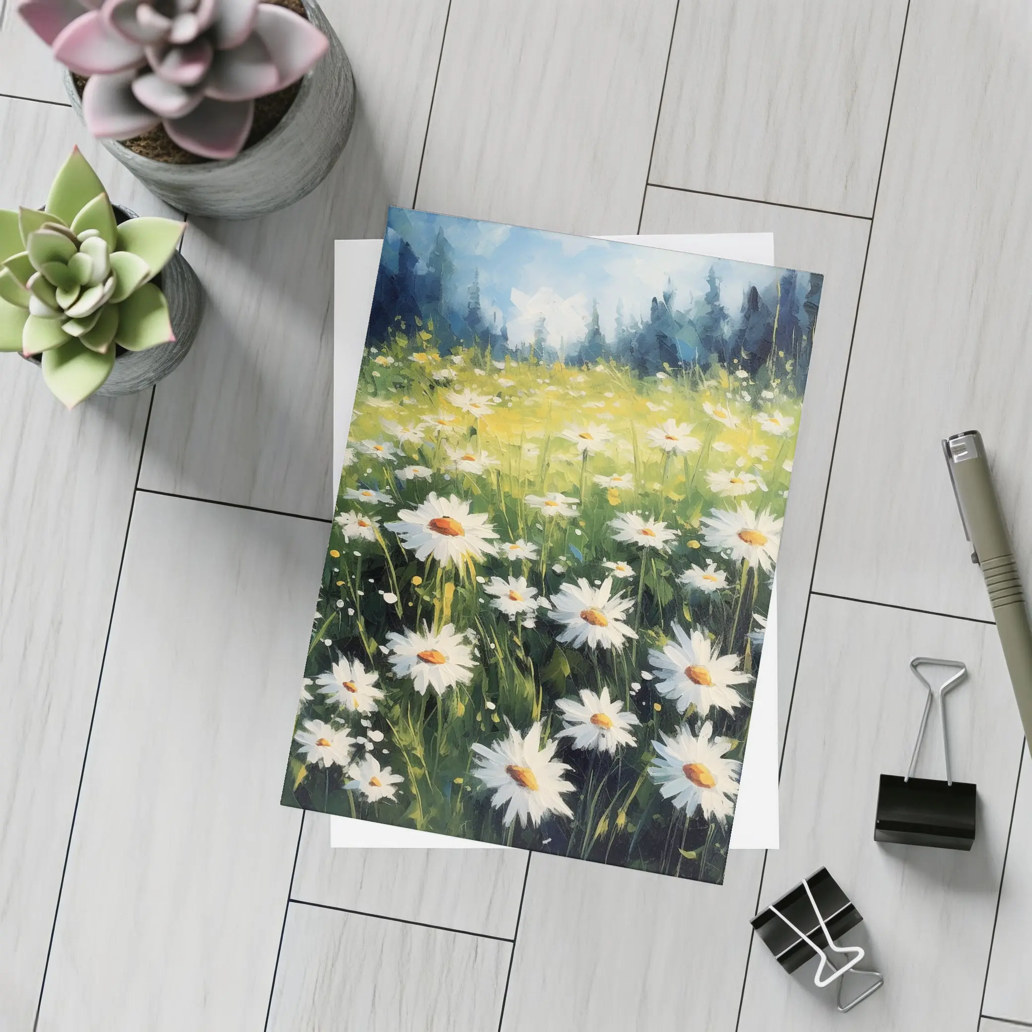 Daisy Field Oil Painting Green Forest Background – Postcards
