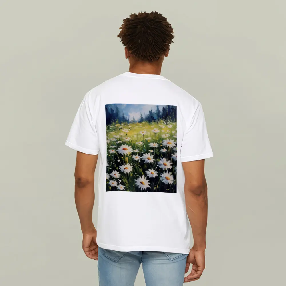 Daisy Field Oil Painting Green Forest Background – T-Shirts