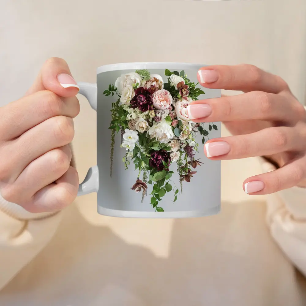 Cascading Peony Rose Bouquet White Background – Mugs