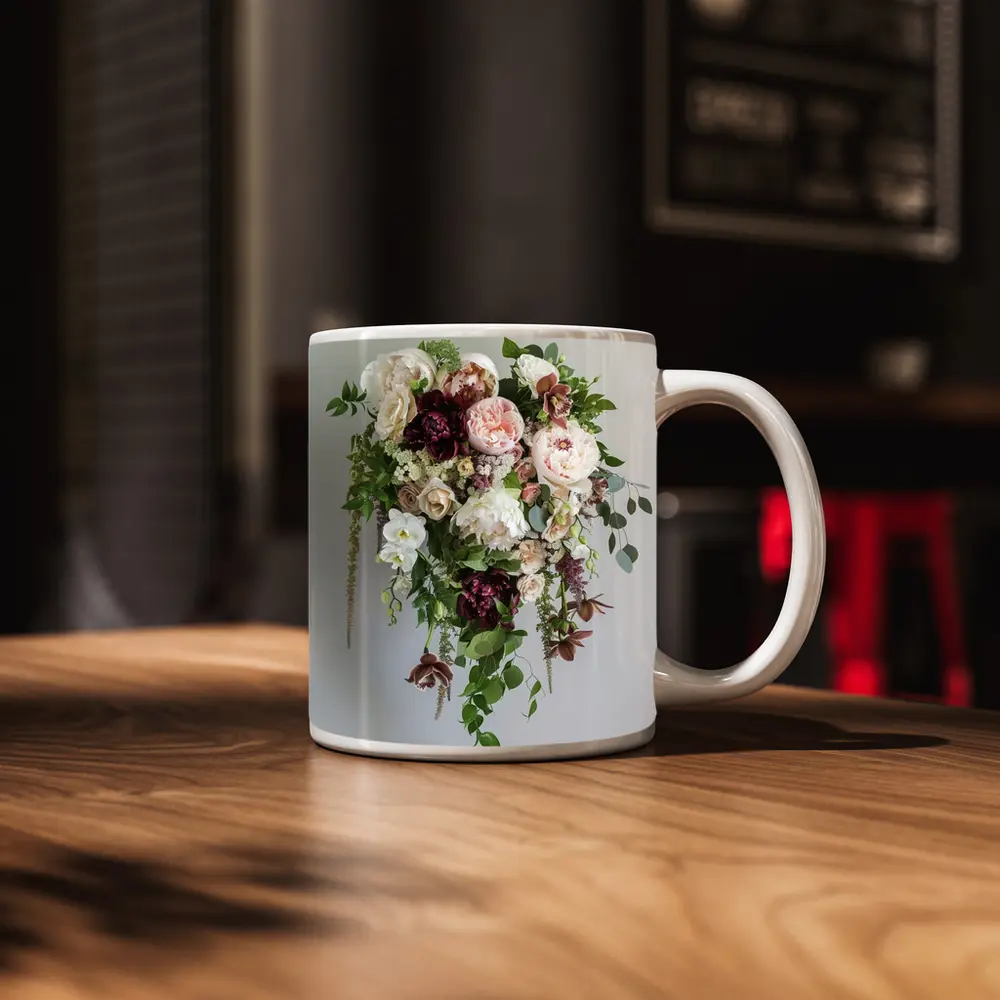 Cascading Peony Rose Bouquet White Background – Mugs