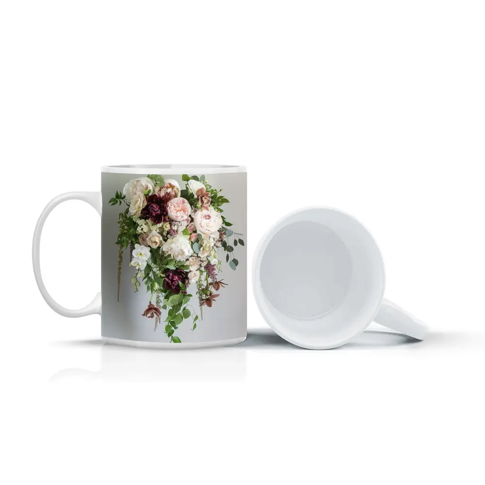 Cascading Peony Rose Bouquet White Background – Mugs