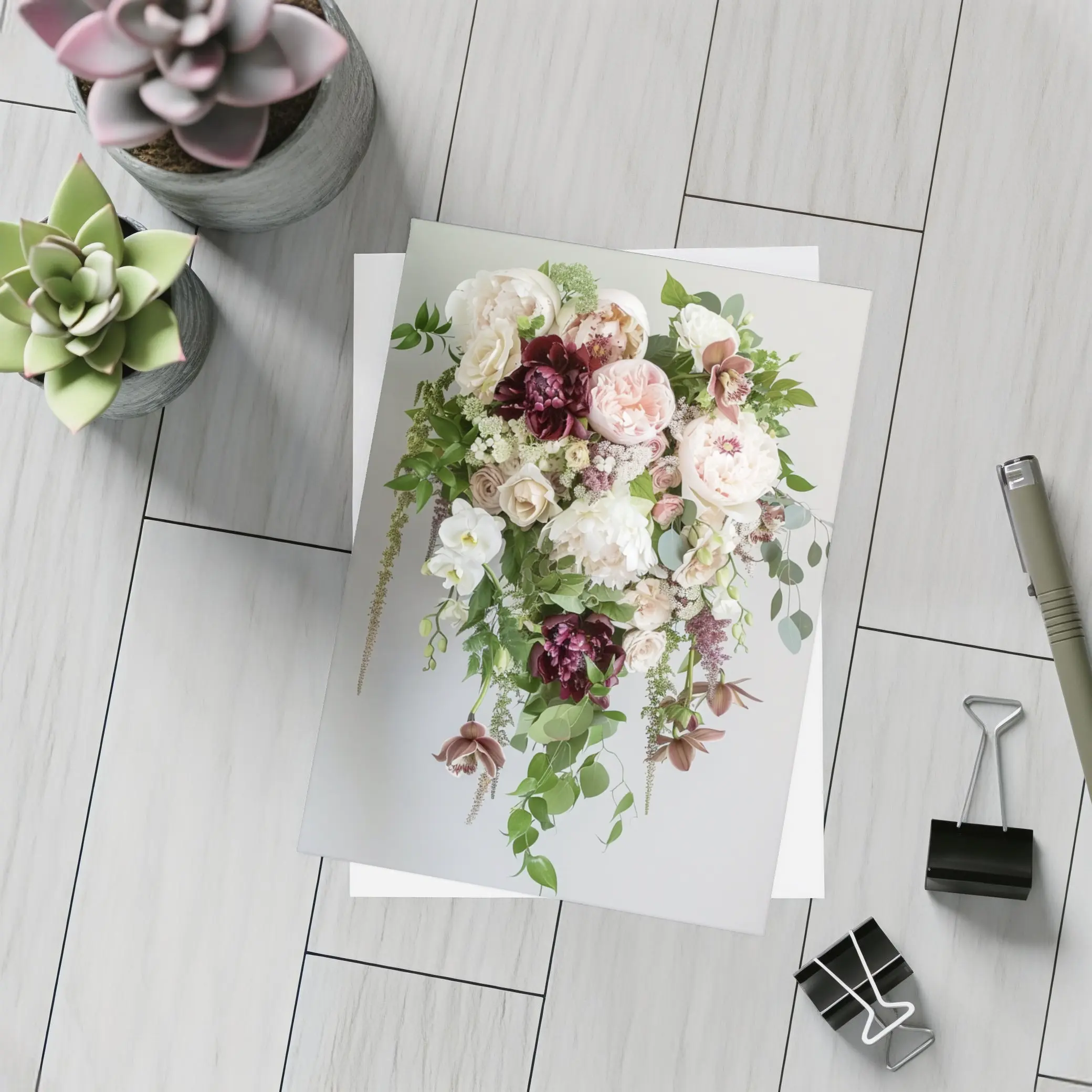 Cascading Peony Rose Bouquet White Background – Postcards