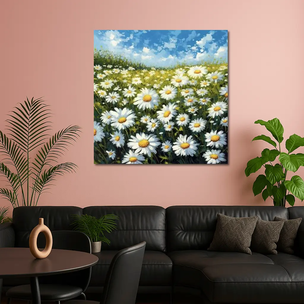 Daisy Field Painting Blue Sky Summer – Wall Art