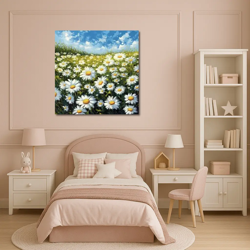 Daisy Field Painting Blue Sky Summer – Wall Art