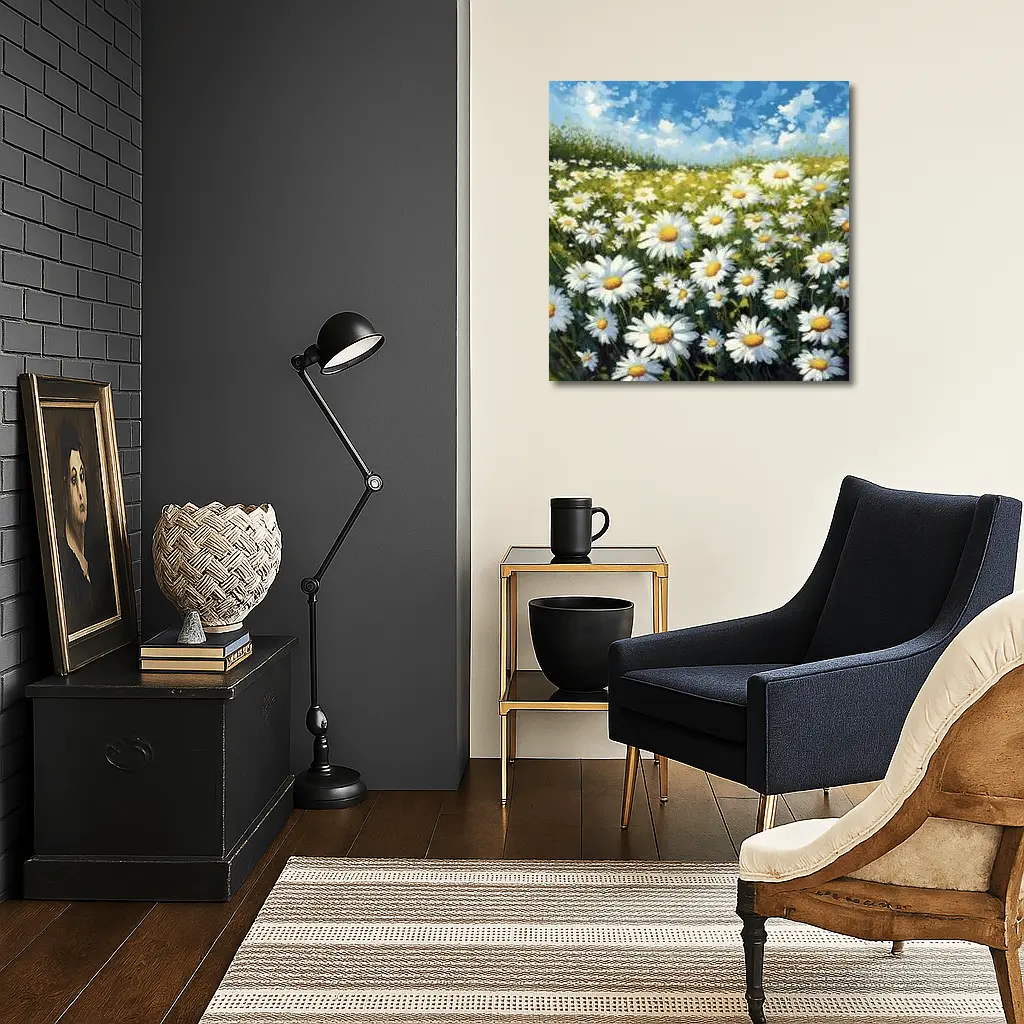 Daisy Field Painting Blue Sky Summer – Wall Art
