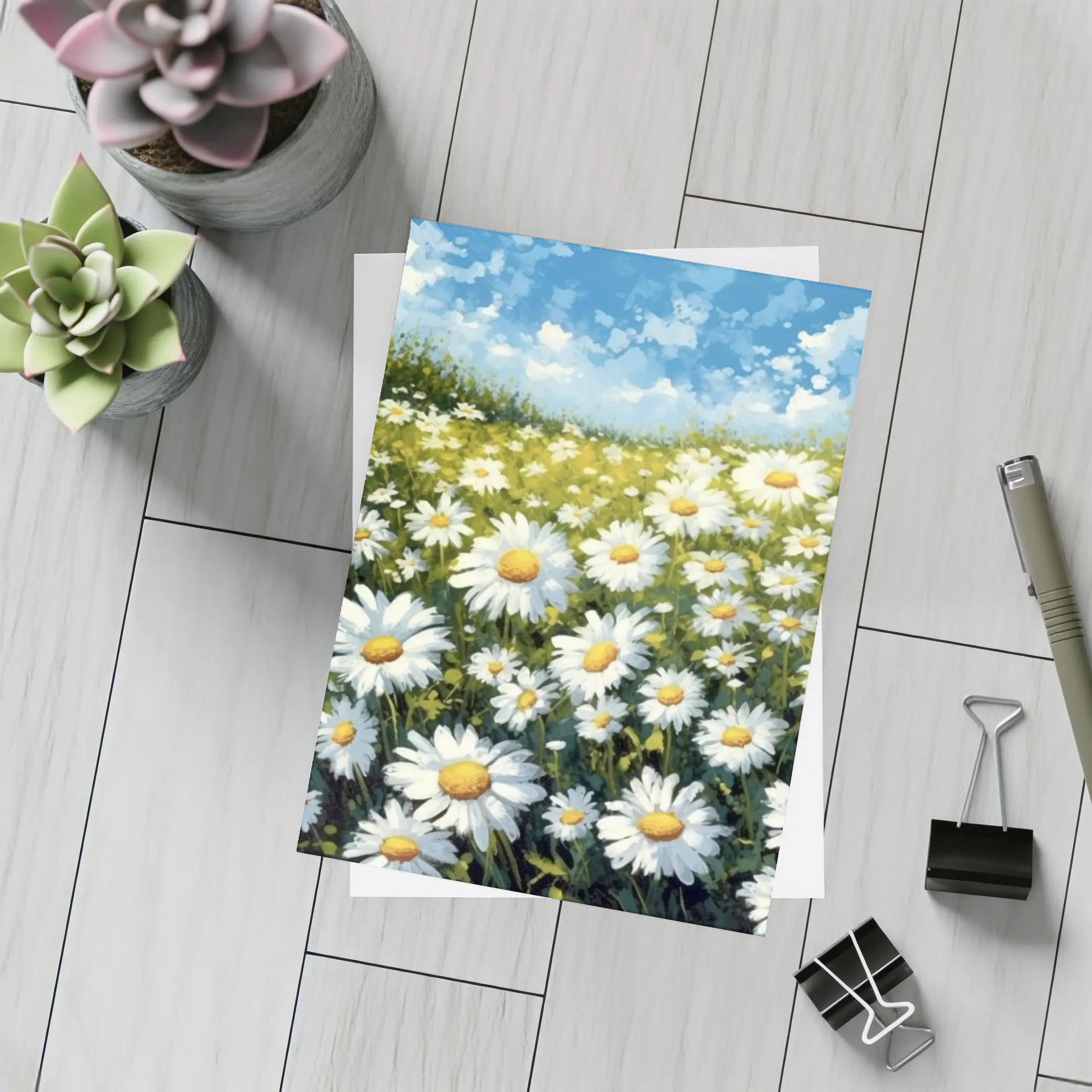 Daisy Field Painting Blue Sky Summer – Postcards