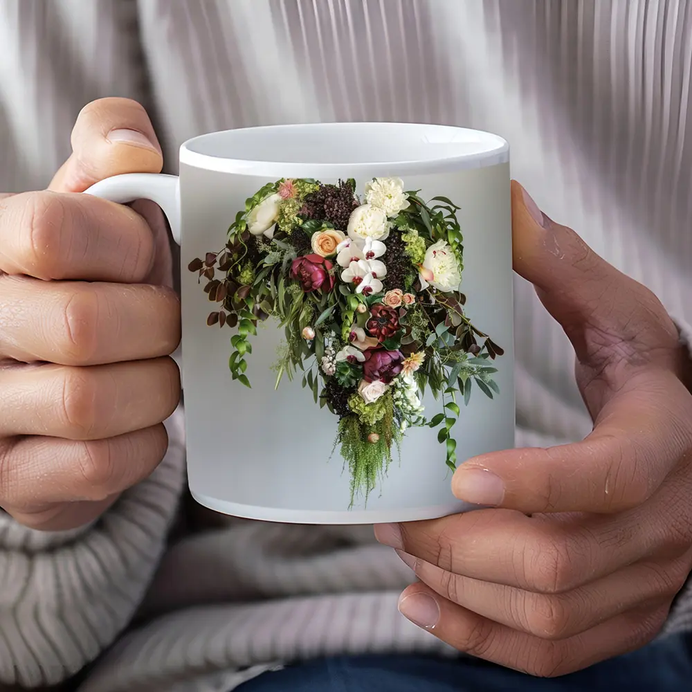 Dark Floral Bouquet Orchids Peonies Roses Green – Mugs
