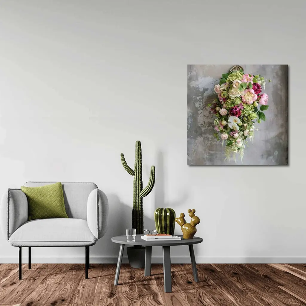 Pink Peonies Orchids Roses Floral Bouquet Gray – Wall Art