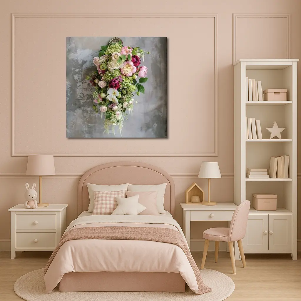 Pink Peonies Orchids Roses Floral Bouquet Gray – Wall Art