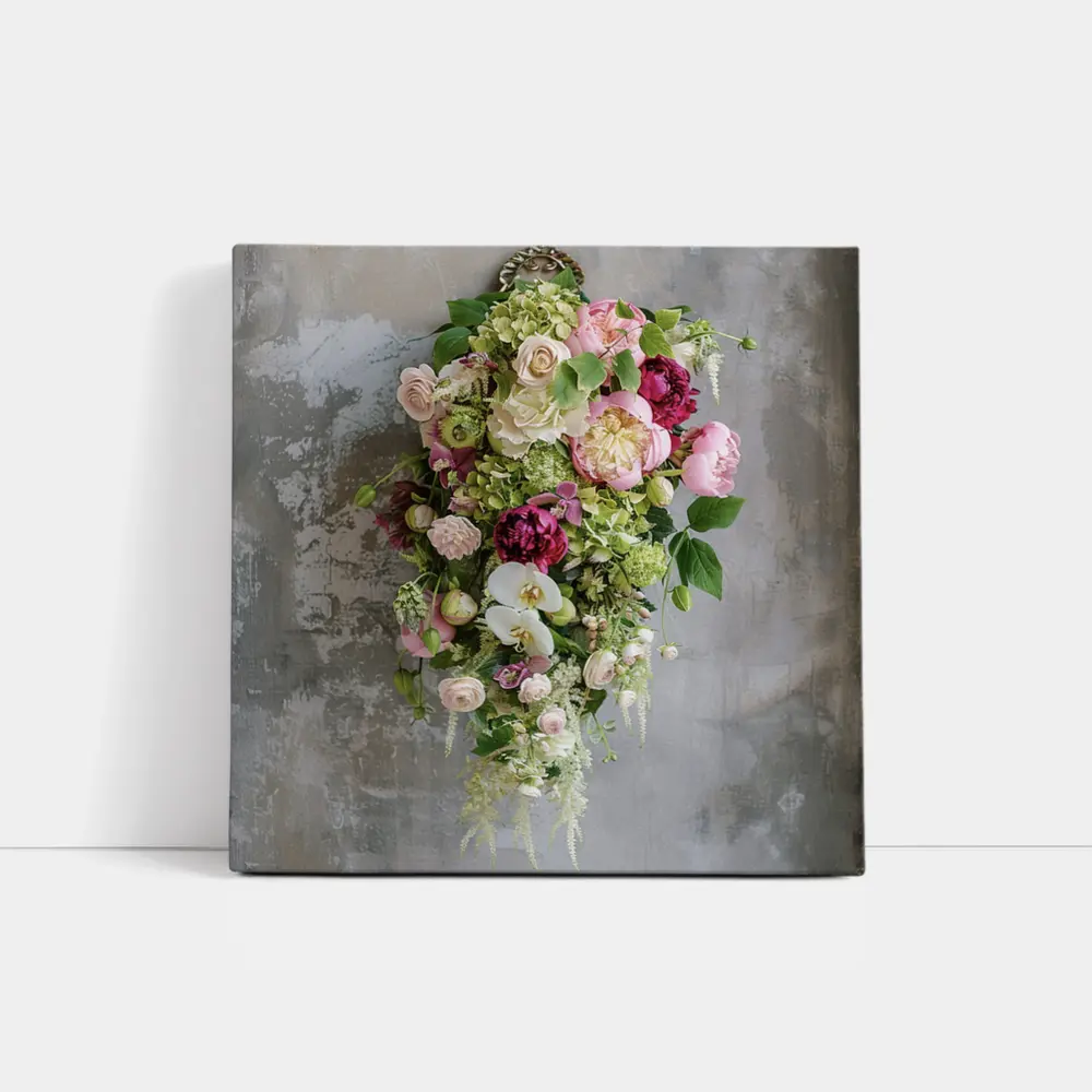 Pink Peonies Orchids Roses Floral Bouquet Gray – Wall Art