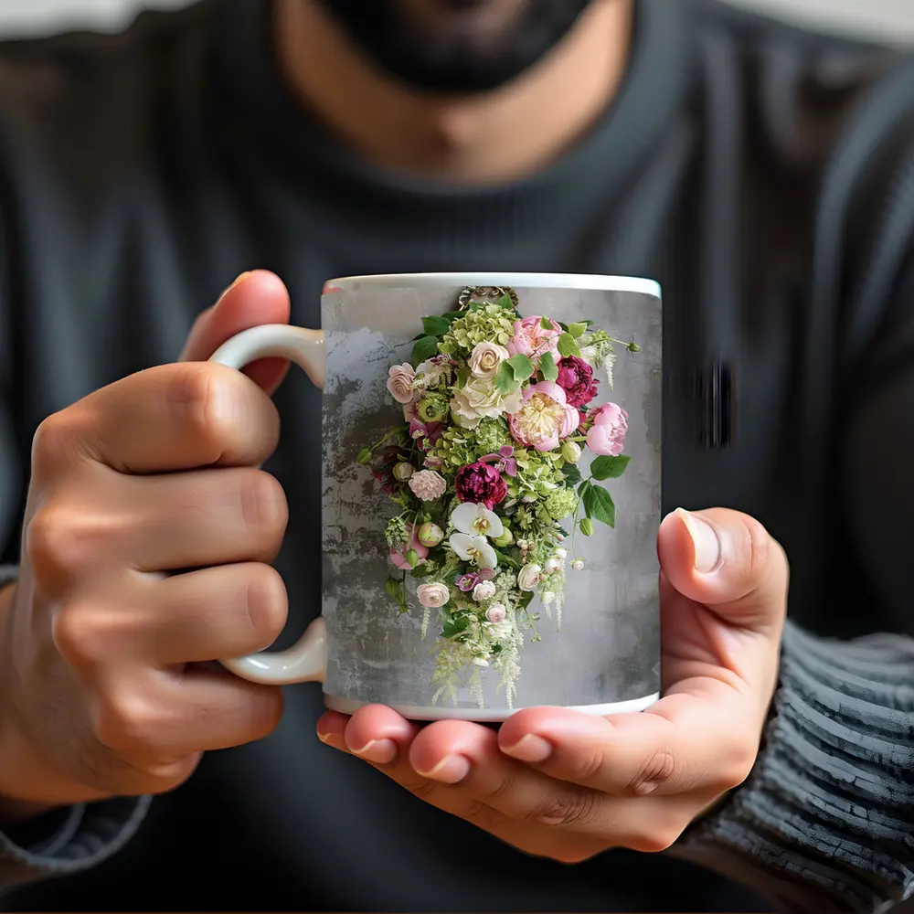 Pink Peonies Orchids Roses Floral Bouquet Gray – Mugs