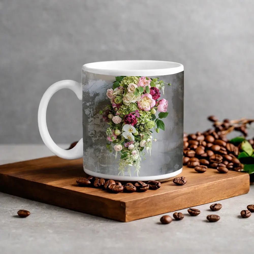 Pink Peonies Orchids Roses Floral Bouquet Gray – Mugs