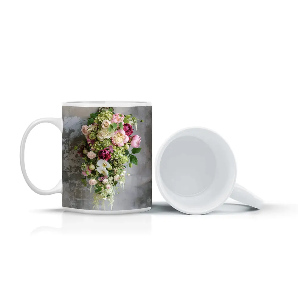 Pink Peonies Orchids Roses Floral Bouquet Gray – Mugs