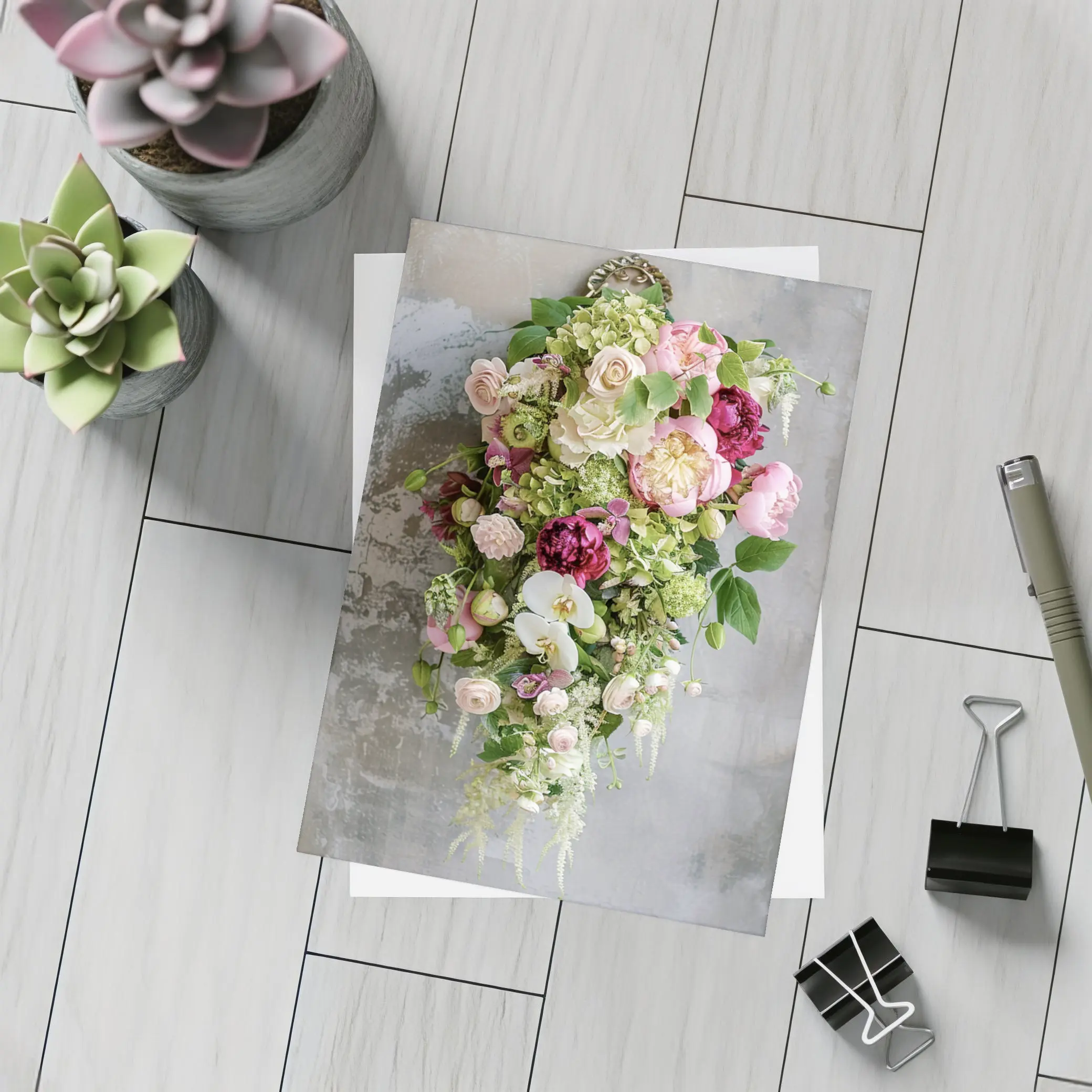 Pink Peonies Orchids Roses Floral Bouquet Gray – Postcards