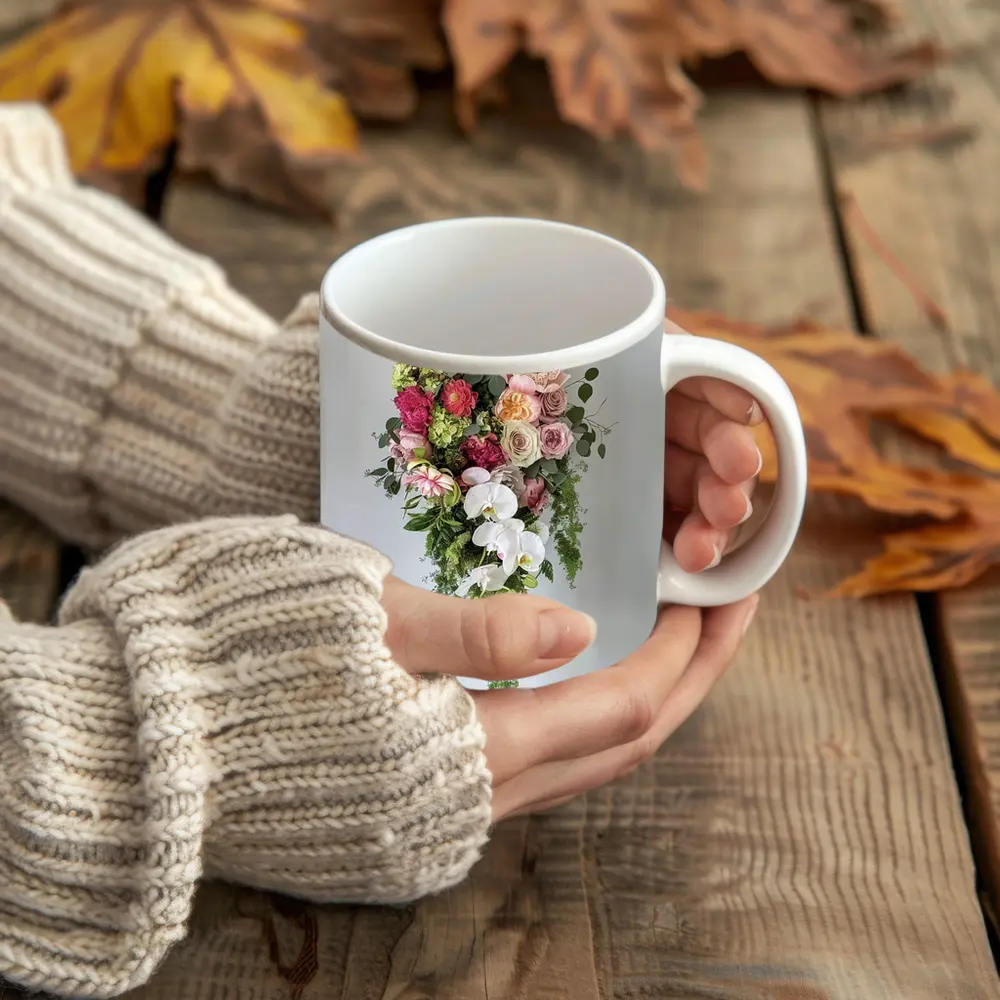 Cascading Orchid Rose Peony Floral Bouquet – Mugs