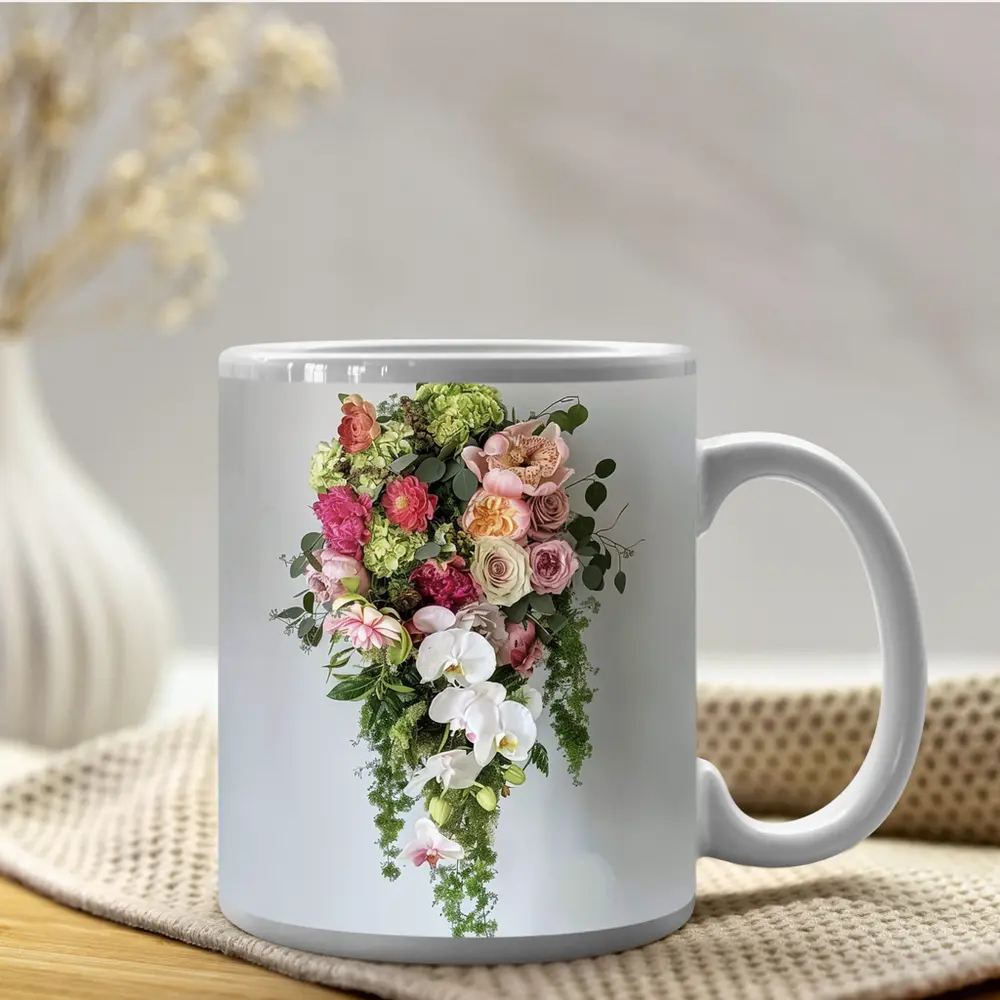 Cascading Orchid Rose Peony Floral Bouquet – Mugs