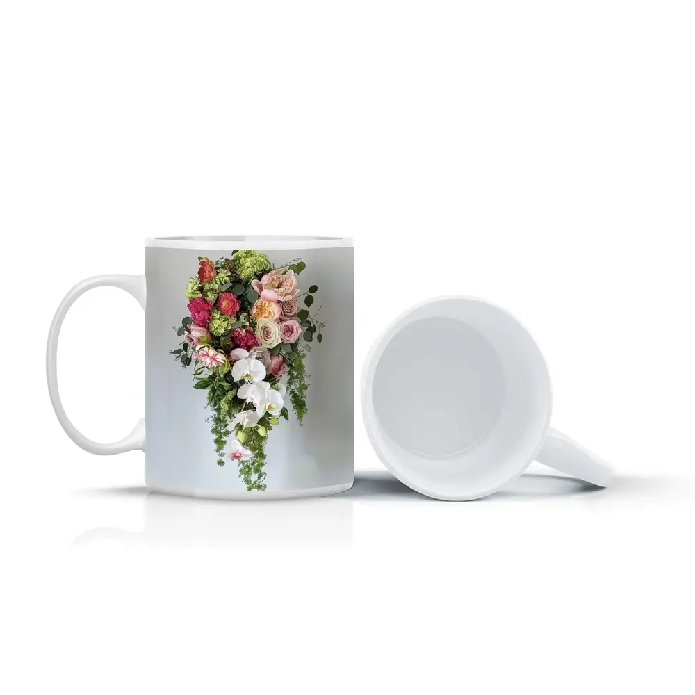 Cascading Orchid Rose Peony Floral Bouquet – Mugs