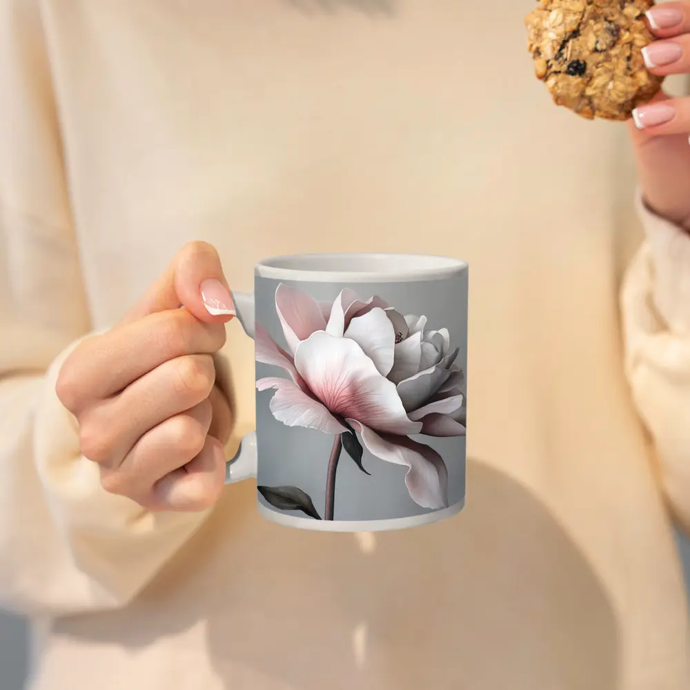 Pink White Rose Flower Gray Background Art – Mugs