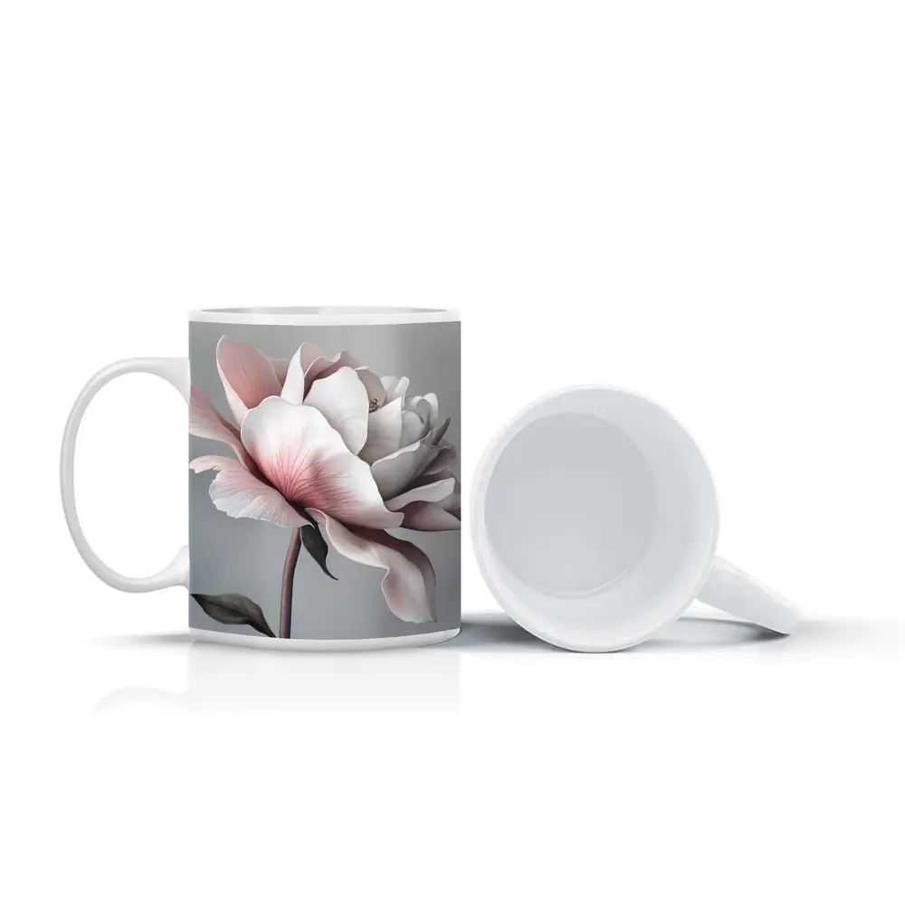 Pink White Rose Flower Gray Background Art – Mugs