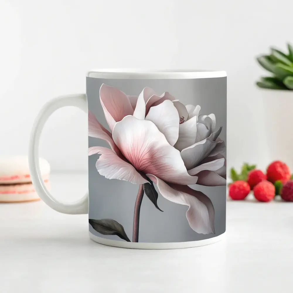Pink White Rose Flower Gray Background Art – Mugs